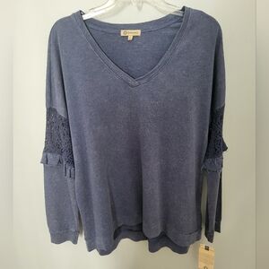 Democracy Women Large V Neck Ruffle Lace Sleeve‎ Sweater Blue New